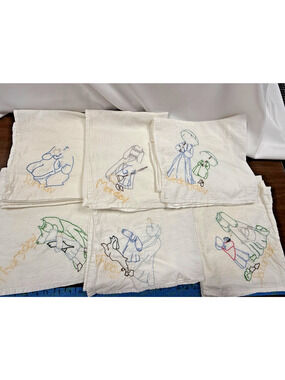Vintage Days Of Week Hand Embroidered Tea Towels Set 6 Farmhouse Kitchen Cottage